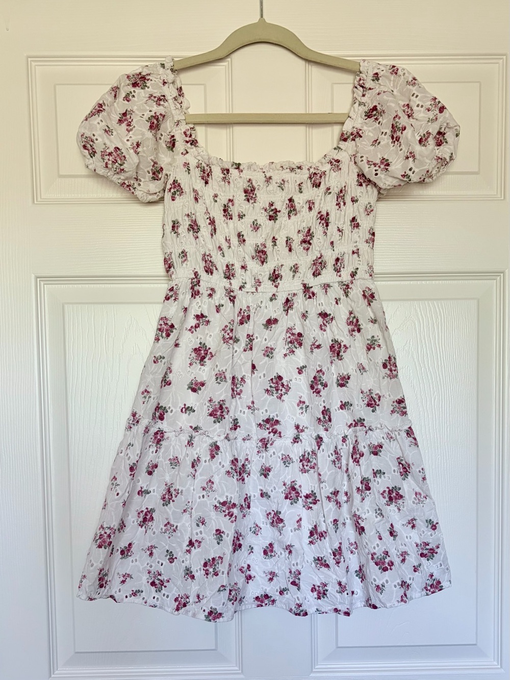 Altar’s State Tiered Floral Puff Sleeve Mini Dress w Eyelet Details — Size Small
